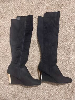 Black Suede Knee-High Wedge Boots
